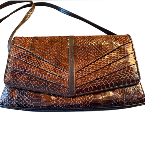 Vintage Neiman Marcus Snakeskin Leather Envelope Bag in Brown - Picture 3 of 8